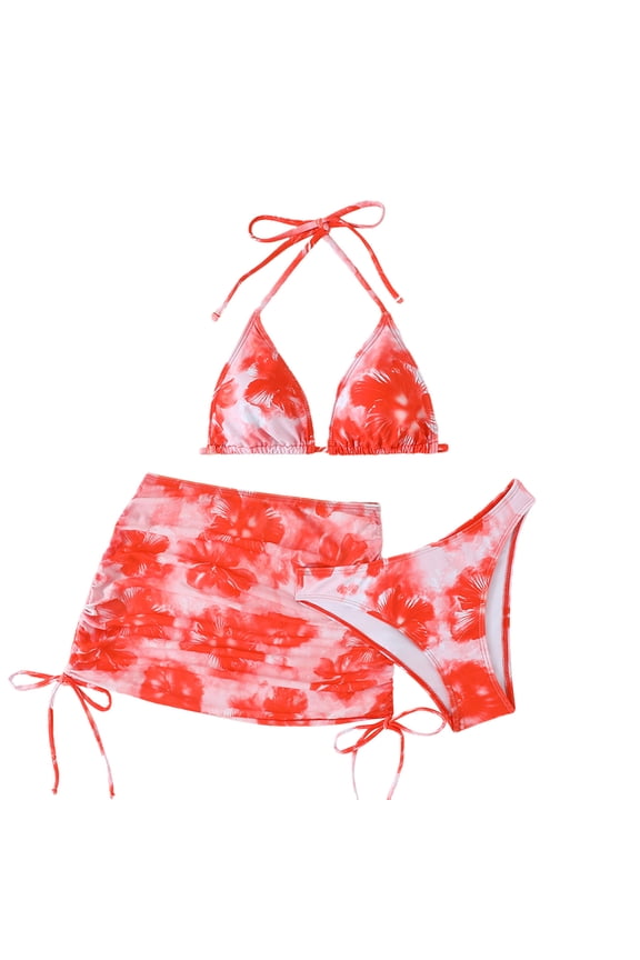 Womens Swimsuits 3 Piece Triangle Halter Top High Waisted Bikini Set Floral Print Bows