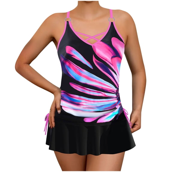 Qingpeng Plus Size Two Piece Tankini Swimsuits for Women Stripe Printed Top and High Waisted Dress Bathing Suit Modest Swimwear