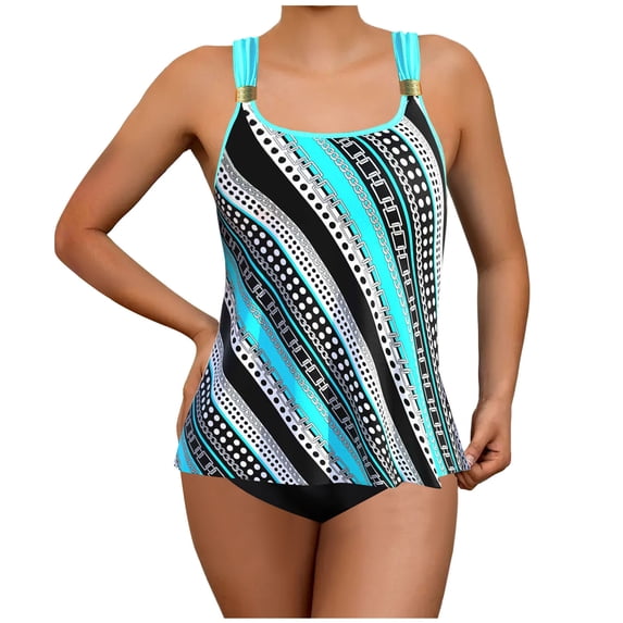 Qingpeng Womens Tankini Bathing Suit Fashion Print Ruched Tummy Control Two Piece Swimsuit with Bottom Flowy Swimwear