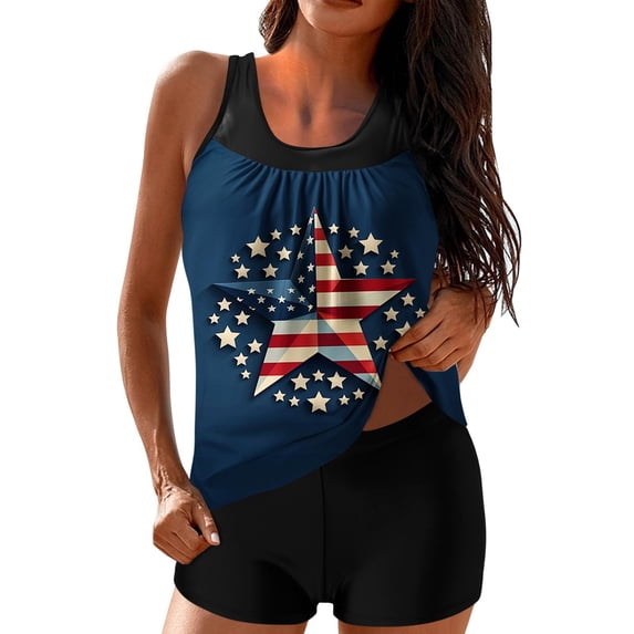 Qingpeng Womens Tankini Bathing Suits Independence Day Printed 2 Piece Swimsuits with Shorts Modest Swimwear