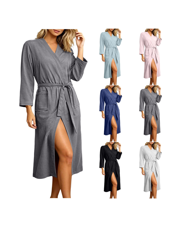 Womens Textured Weave Wrap Robe Self Tie Belt Long Sleeve Bathrobe with Patch Pockets Solid Winter Home Outfit