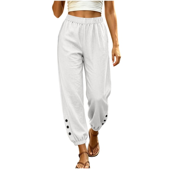 Qingpeng Womens Textured Woven Jogger Pants Elastic Drawstring High Waisted Side Hidden Pockets Button Decor Cuff Loose Summer Casual Trousers