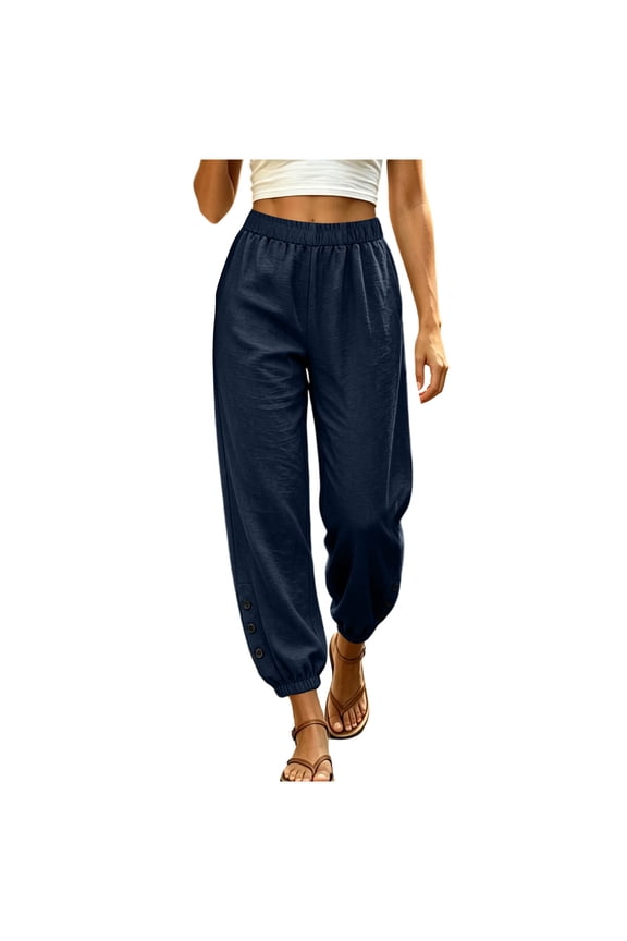 Womens Textured Woven Jogger Pants Elastic Drawstring High Waisted Side Hidden Pockets Button Decor Cuff Loose Summer Casual Trousers