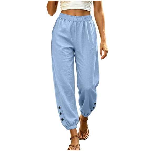 Qingpeng Womens Textured Woven Jogger Pants Elastic Drawstring High Waisted Side Hidden Pockets Button Decor Cuff Loose Summer Casual Trousers