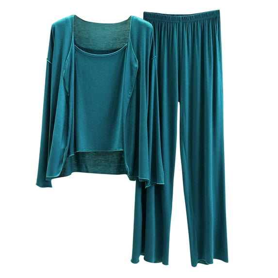 Qingpeng Womens Three Piece Pajamas Set Long Sleeve Open Front Cardigan Scoop Neck Cami Top and Wide Leg Pants Soft Sleepwear