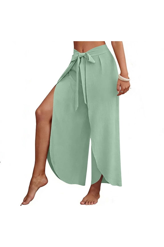 Womens Tie Front High Waisted Palazzo Pants Lightweight Flowy Boho Beach Vacation Split Slit Pant for Summer Beach Vacation