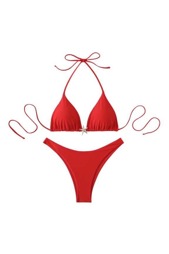 Womens Tie Halter Bikini Sets Summer Fashion Bra Thong Matching Bathing Suits Beach Vacation Swimsuits Two Piece