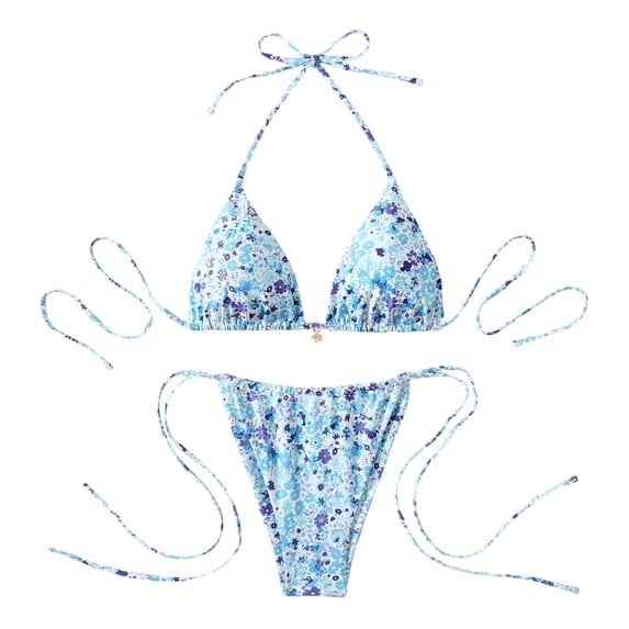 Qingpeng Womens Two Piece Bikini Swimsuits Triangle Halter Tie Back Low Rise Tie Side Floral Bows Bathing Suit