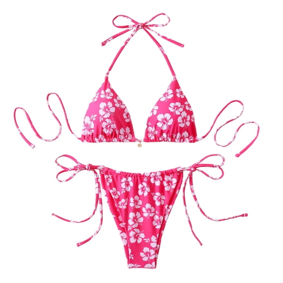 Qingpeng Womens Two Piece Bikini Swimsuits Triangle Halter Tie Back Low Rise Tie Side Floral Bows Bathing Suit
