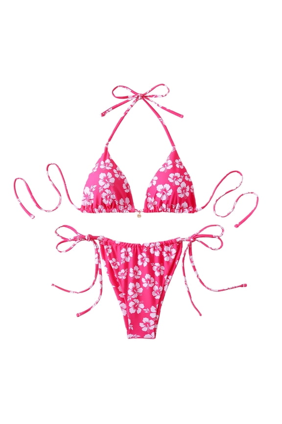 Womens Two Piece Bikini Swimsuits Triangle Halter Tie Back Low Rise Tie Side Floral Bows Bathing Suit