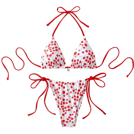 Qingpeng Womens Two Piece Bikini Swimsuits Triangle Halter Tie Back Low Rise Tie Side Floral Bows Bathing Suit