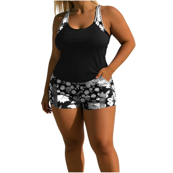 Qingpeng Womens Two Piece Blouson Tankini Swimsuits Sporty Pockets Swim Shorts Tummy Control Bathing Suit