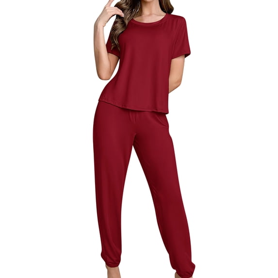 Qingpeng Womens Two Piece Lounge Set Short Sleeve Crew Neck Tops and Drawstring Jogger Pants Soft Stretch Pajamas Outfits