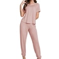 thumbnail image 1 of Qingpeng Womens Two Piece Lounge Set Short Sleeve Crew Neck Tops and Drawstring Jogger Pants Soft Stretch Pajamas Outfits, 1 of 4