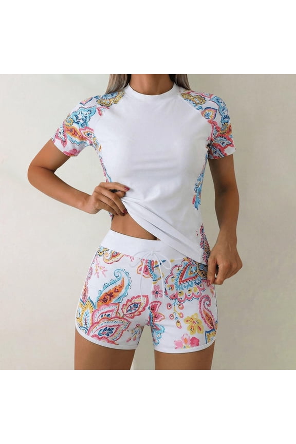 Womens Two Piece Rash Guard Swimsuit Printed Short Sleeve with High Waist Boyshorts Slimming Bathing Suit