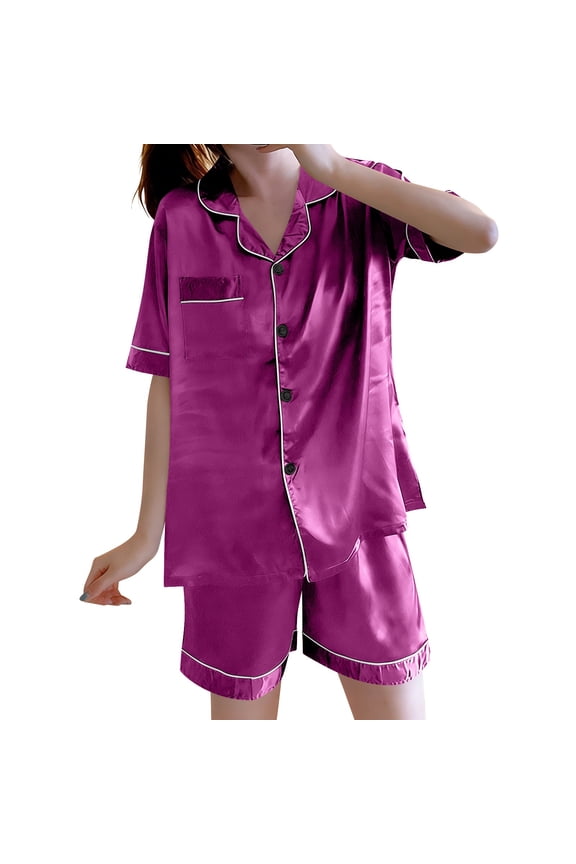 Womens Two Piece Satin Pajama Set Short Sleeve Notch Collar Button Down Tops and Shorts Contrast Trim Sleepwear Set