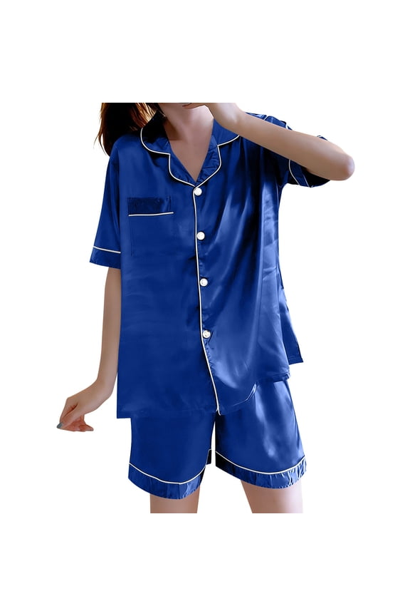 Womens Two Piece Satin Pajama Set Short Sleeve Notch Collar Button Down Tops and Shorts Contrast Trim Sleepwear Set