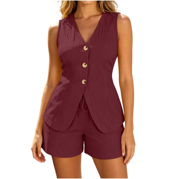 Qingpeng Womens Two Piece Sets Sleeveless V Neck Button Down Tank Tops and Shorts Business Casual Office Work Fashion Outfits