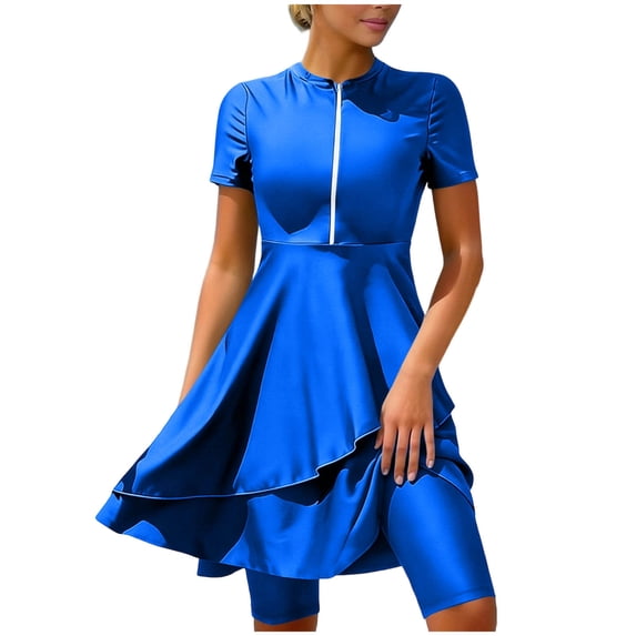 Qingpeng Womens Two Piece Tankini Swimsuit Rash Guard Short Sleeve Swim Dress Zipper with Knee Length Shorts