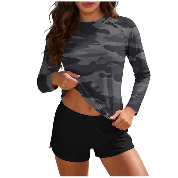 Qingpeng Womens Two Piece UV UPF 50+ Swim Shirt Bathing Suit Long Sleeve Rash Guard Swimsuits with Boyshort Bottoms