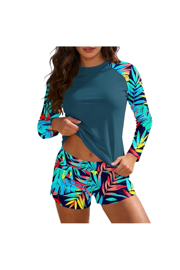 Womens Two Piece UV UPF 50+ Swim Shirt Bathing Suit Long Sleeve Rash Guard Swimsuits with Boyshort Bottoms