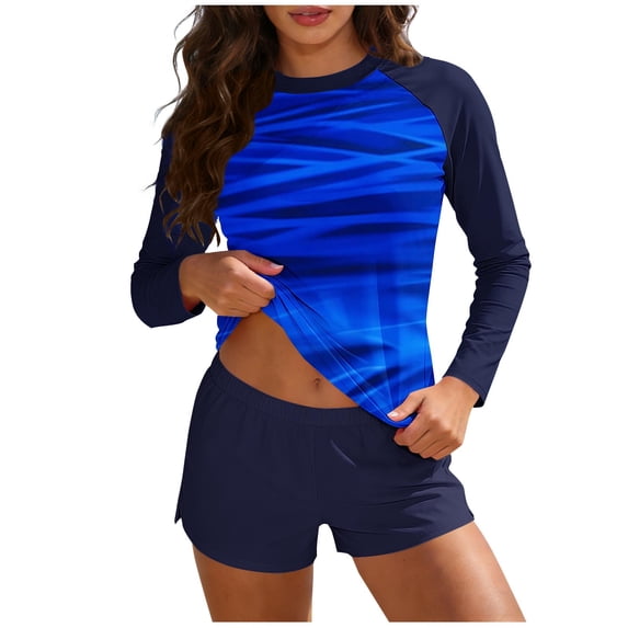 Qingpeng Womens Two Piece UV UPF 50+ Swim Shirt Bathing Suit Long Sleeve Rash Guard Swimsuits with Boyshort Bottoms