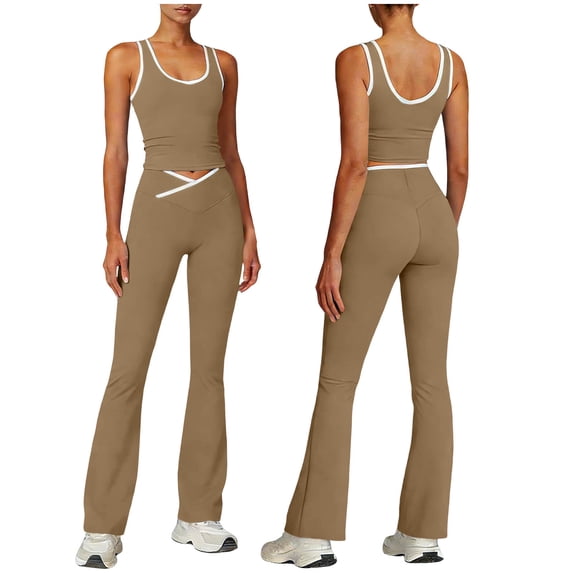 Qingpeng Womens Two Piece Workout Set, Sleeveless Crop Tank Tops and Flare Leggings Crisscross High Waisted Yoga Gym Activewear