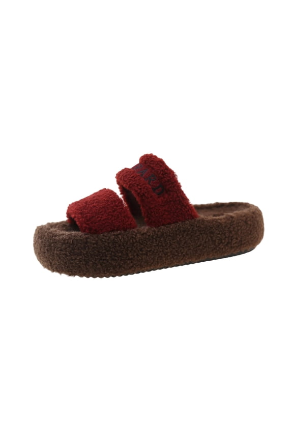 Womens Two Tone Curly Fleece Slippers Letter Embroidery Wide Dual Straps Thick Cushioned Platform Flat Trendy Open Toe Slides