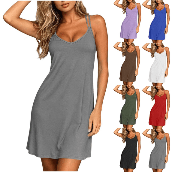 Qingpeng Womens V Neck Double Strap Sleep Dress Sleeveless Loose Nightgown with Solid Color Summer Casual Lounge Wear
