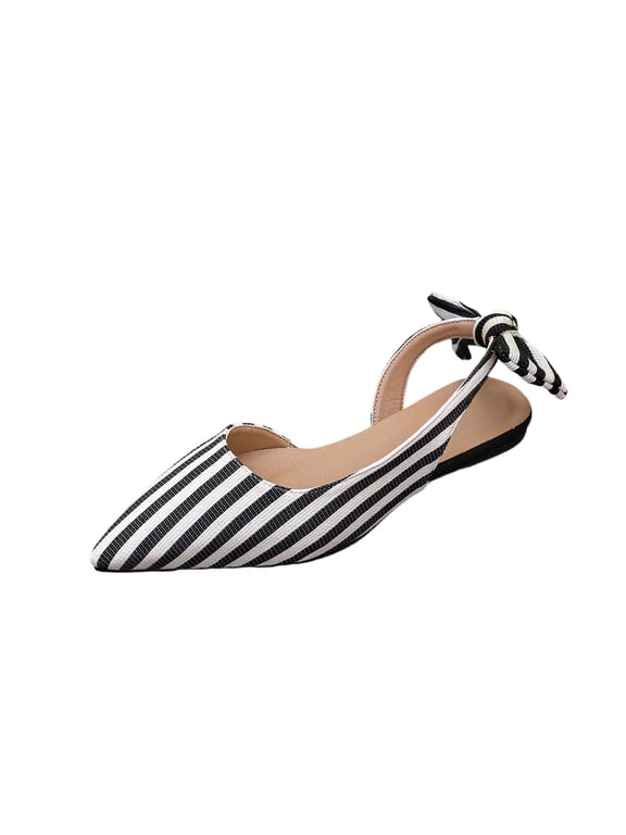 Womens Vertical Striped Pointed Toe Slingback Flat Mules Rear Bow Tie Slip On Sandals Daily Office Dating Casual Footwear