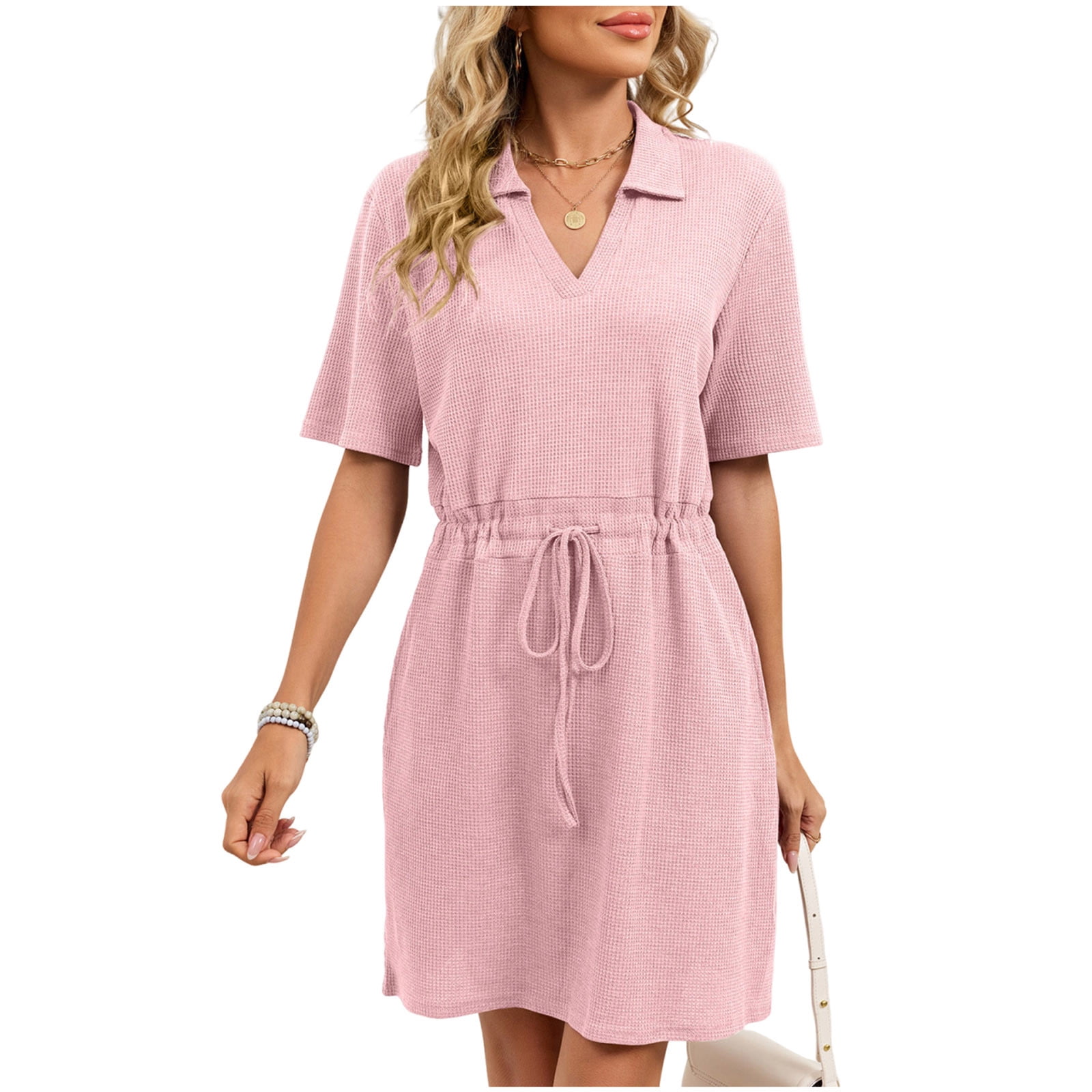 waffle knit sleep dress Qingpeng Womens Waffle Knit Sleep Dress V Neck Short Sleeve Drawstring  Waist Casual Sleepwear Dress for Daily Wear