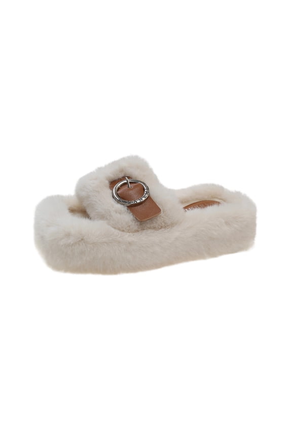 Womens Wide Fluffy Faux Fur House Slides Retro Metal Ring Buckle with Leather Label Decor Open Toe Non Slip Warm Fashion Slippers