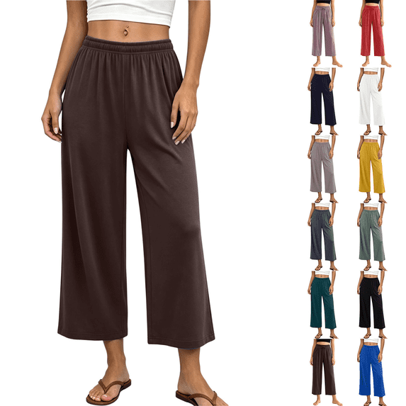 Qingpeng Womens Wide Leg Lounge Pants Pull On High Waist Soft Touch Straight Trousers with Pockets Summer Sleepwear