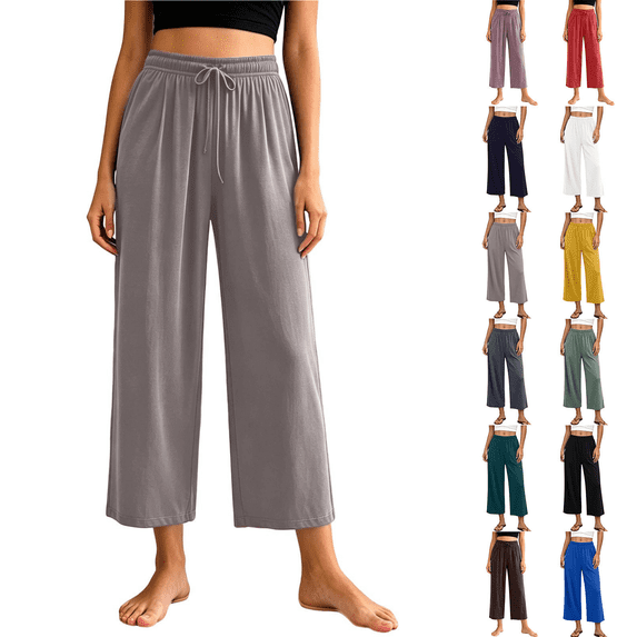Qingpeng Womens Wide Leg Lounge Pants Pull On High Waist Soft Touch Straight Trousers with Pockets Summer Sleepwear