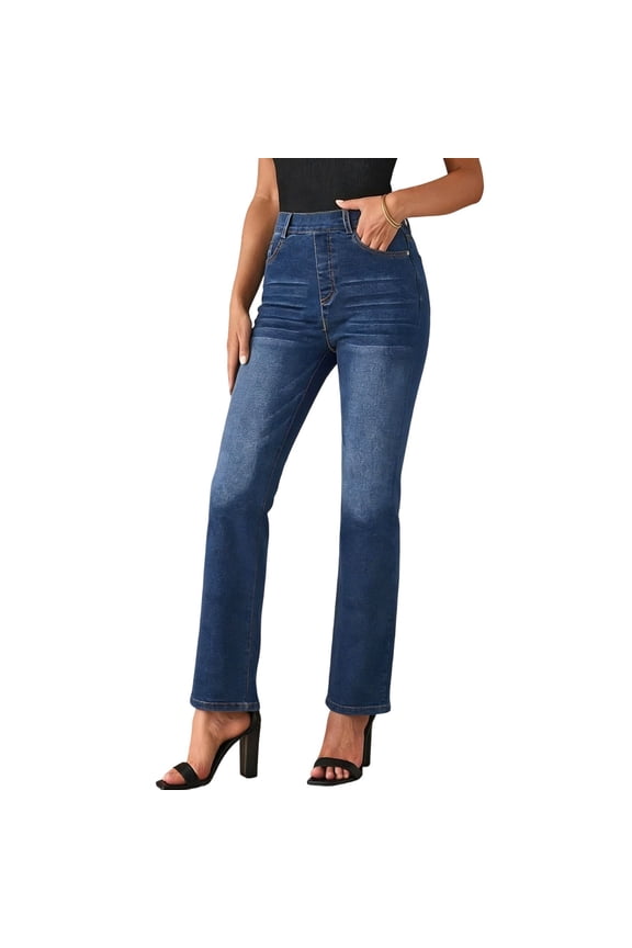 Womens Wide Leg Pull On Boot Cut Jeans High Waisted Distressed with Pockets for Casual, Daily Wear