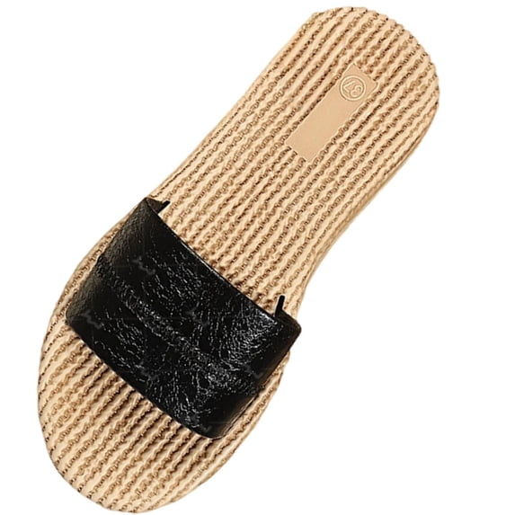 Qingpeng Womens Woven Espadrille Slide Sandals Wide Leather Strap Cushioned Jute Footbed Comfy Open Toe Summer Slippers