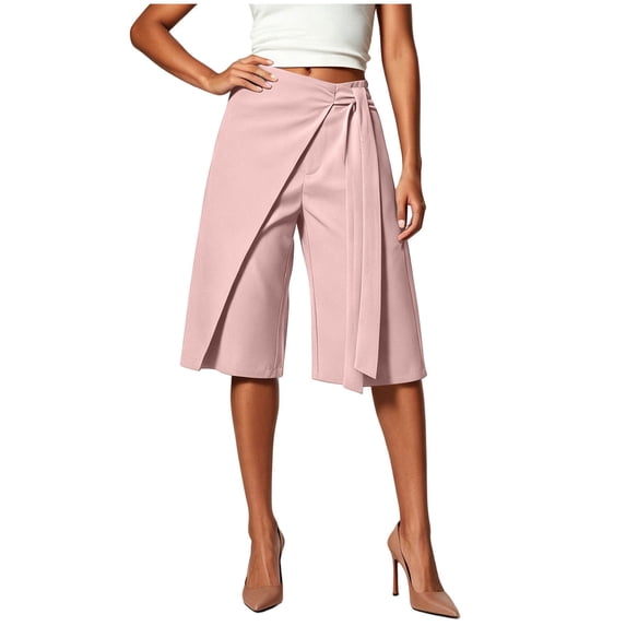 Qingpeng Womens Wrap Front Tie Waist Culottes High Waist Irregular Overlay Split Wide Leg Dressy Capri Pants Office Business Casual Pants