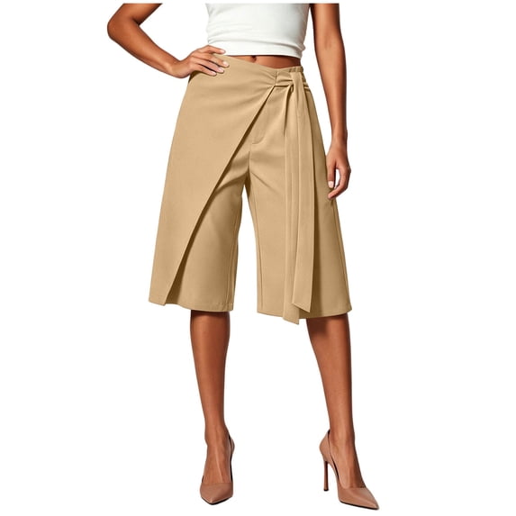 Qingpeng Womens Wrap Front Tie Waist Culottes High Waist Irregular Overlay Split Wide Leg Dressy Capri Pants Office Business Casual Pants