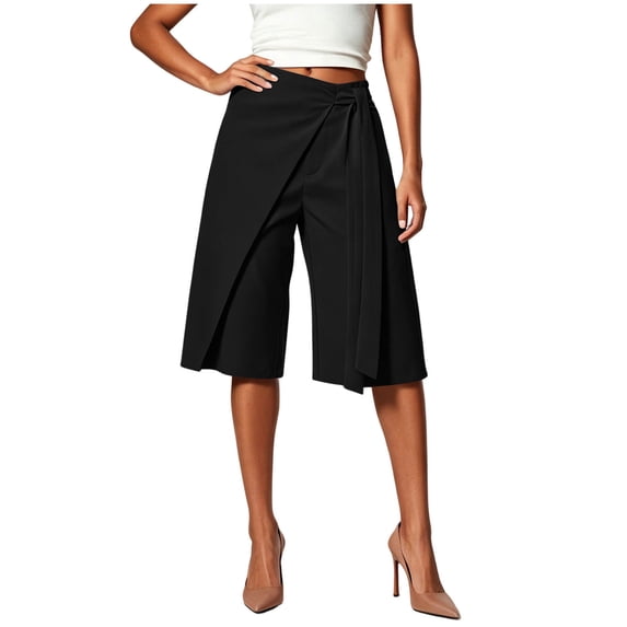 Qingpeng Womens Wrap Front Tie Waist Culottes High Waist Irregular Overlay Split Wide Leg Dressy Capri Pants Office Business Casual Pants