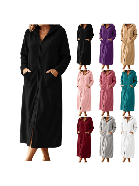 Womens Zip Up Long Robe Hooded Full Zip Sleepwear with Front Pockets Solid Color Warm Winter Lounge Gown