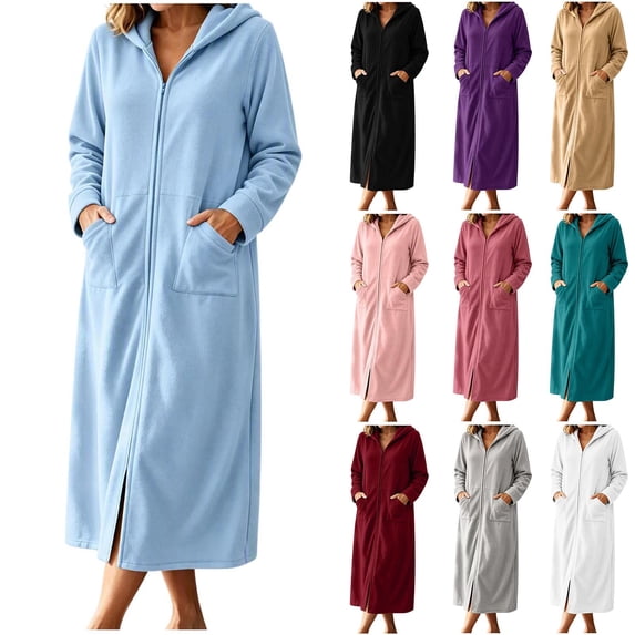 Qingpeng Womens Zip Up Long Robe Hooded Full Zip Sleepwear with Front Pockets Solid Color Warm Winter Lounge Gown