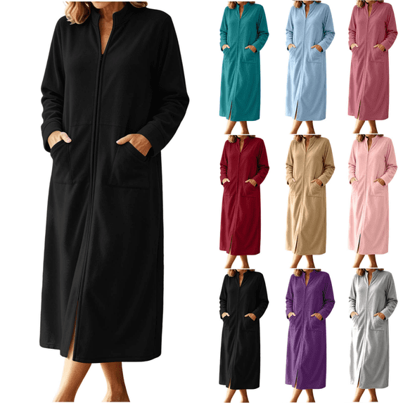 Qingpeng Womens Zip Up Long Robe Mock Neck Full Zip Sleepwear with Front Pockets Solid Color Warm Winter Lounge Gown