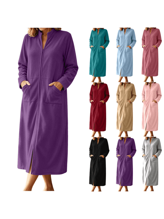 Womens Zip Up Long Robe Mock Neck Full Zip Sleepwear with Front Pockets Solid Color Warm Winter Lounge Gown