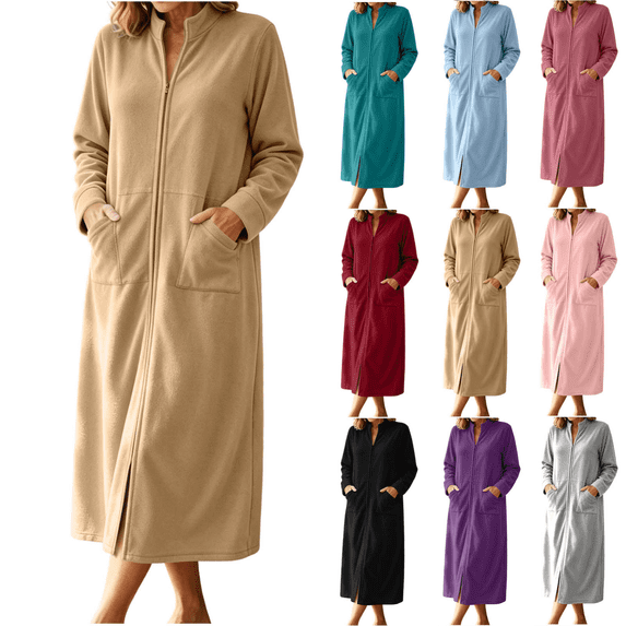Qingpeng Womens Zip Up Long Robe Mock Neck Full Zip Sleepwear with Front Pockets Solid Color Warm Winter Lounge Gown