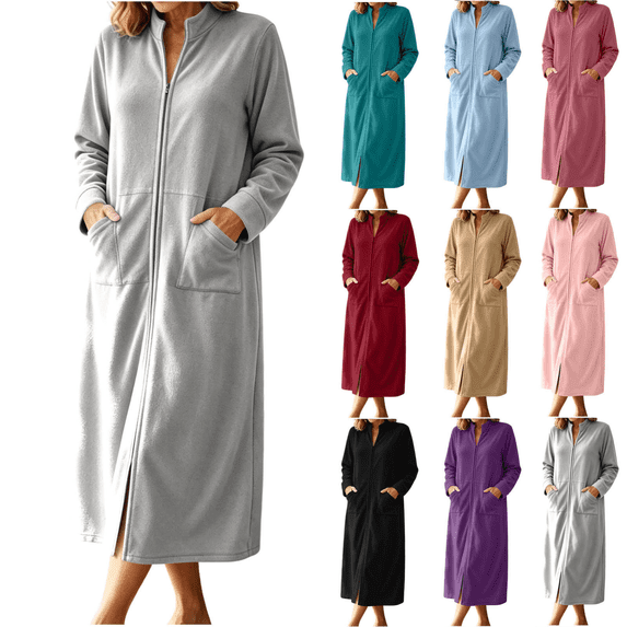Qingpeng Womens Zip Up Long Robe Mock Neck Full Zip Sleepwear with Front Pockets Solid Color Warm Winter Lounge Gown