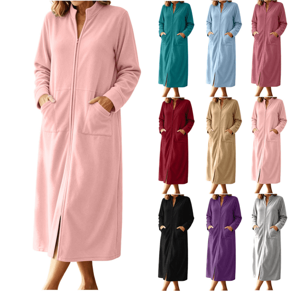 Qingpeng Womens Zip Up Long Robe Mock Neck Full Zip Sleepwear with Front Pockets Solid Color Warm Winter Lounge Gown