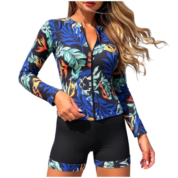Qingpeng Womens Zip Up Rash Guards Swimsuit Long Sleeve Printed Tops with High Waisted Swimwear UV Sun Protection Bathing Suit
