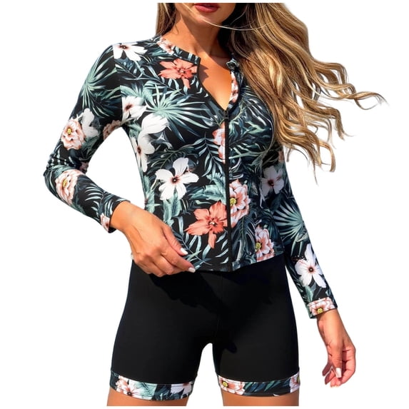 Qingpeng Womens Zip Up Rash Guards Swimsuit Long Sleeve Printed Tops with High Waisted Swimwear UV Sun Protection Bathing Suit