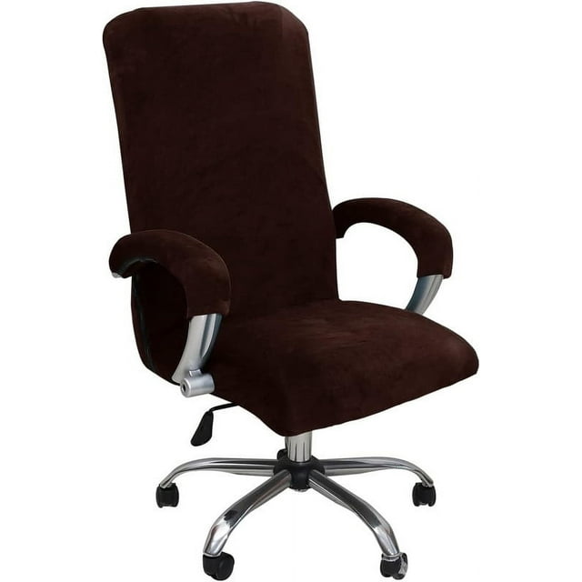 Qingruibz Velvet Plush Stretch Computer Office Chair Cover with Armrest,Solid Color Spandex Slipcover Protective,Removable Stretchable Universal Desk Chair Covers, Rotating Chair, Coffee-XL