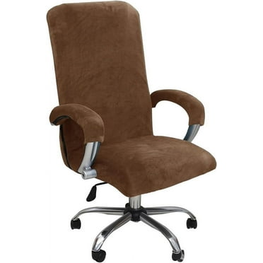 Qingruibz Velvet Plush Stretch Computer Office Chair Cover with Armrest,Solid Color Spandex Slipcover Protective,Removable Stretchable Universal Desk Chair Covers, Rotating Chair, Brown-L